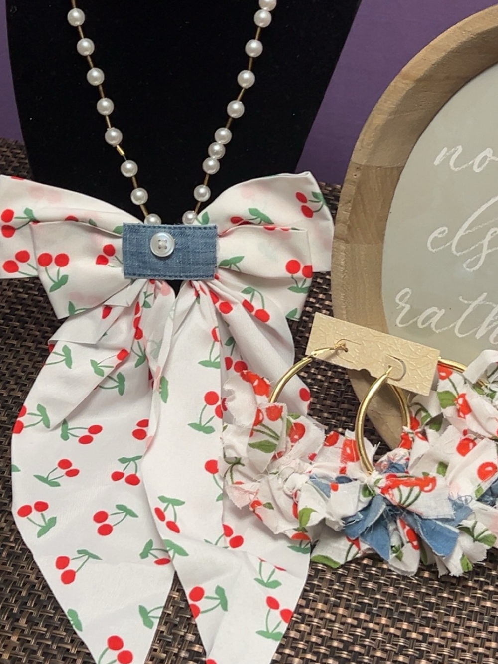 Handmade Pearl Cherry Necktie With Matching Earrings And Denim Set